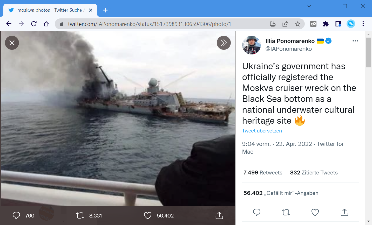 Foto der brennenden Moskwa nach dem Angriff